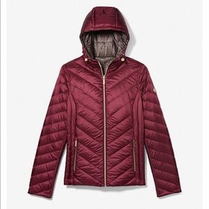 Reversible Printed Nylon Puffer Jacket (red outside and MK logo inside)